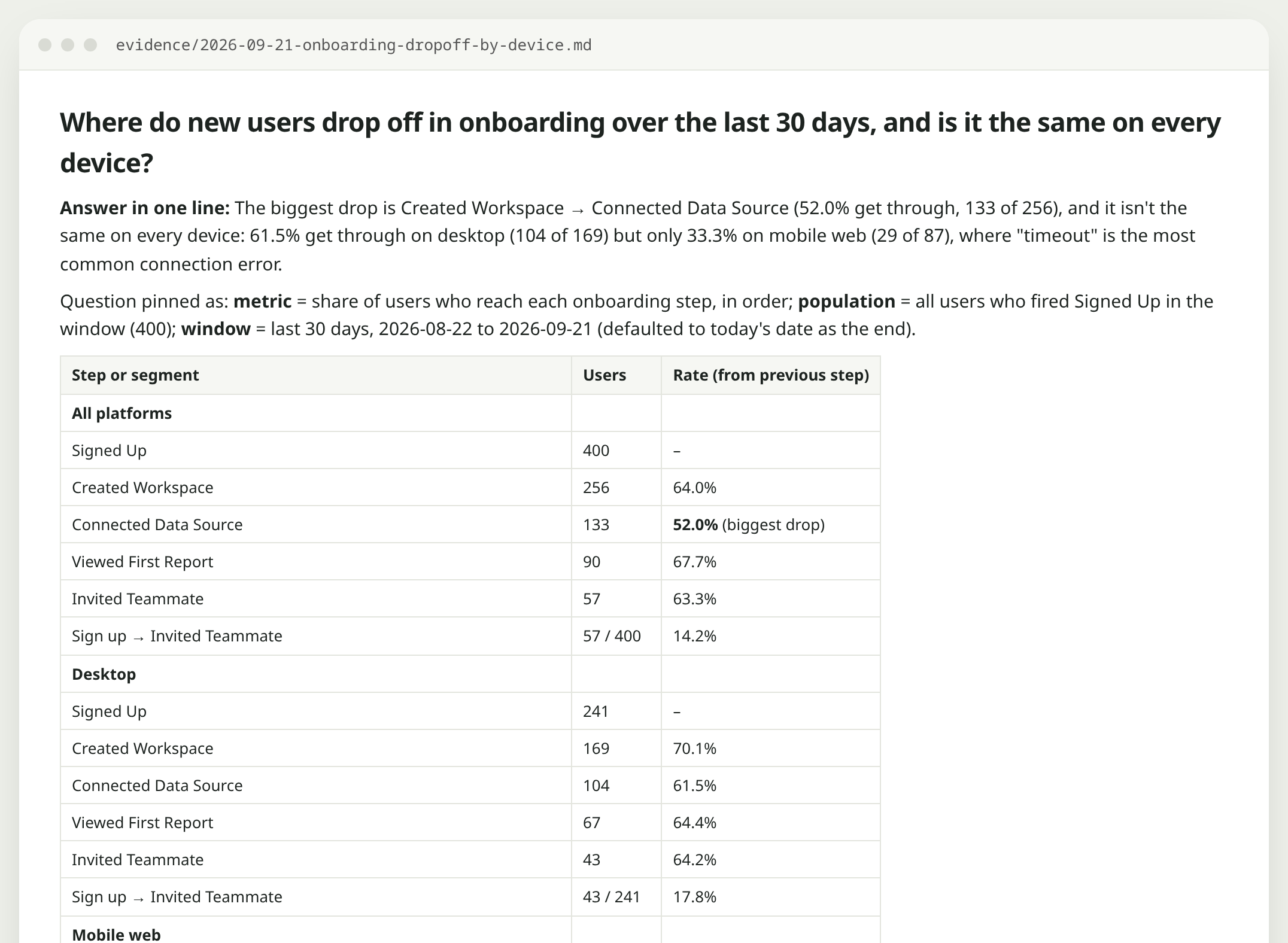 The evidence file: a one-line answer, then a table of each onboarding step for all users, desktop and mobile web