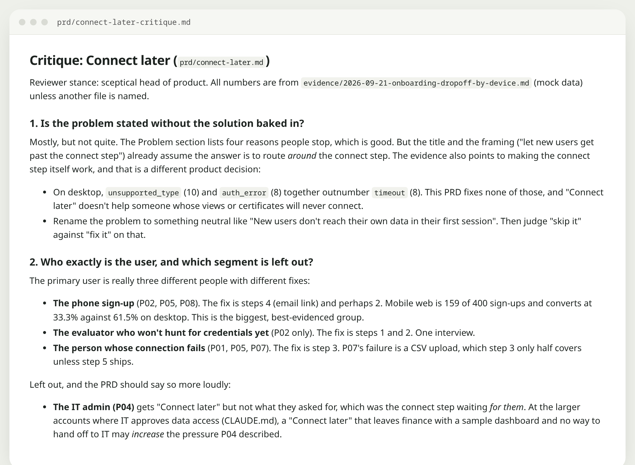 The top of prd/connect-later-critique.md, asking whether the problem is stated without the solution baked in