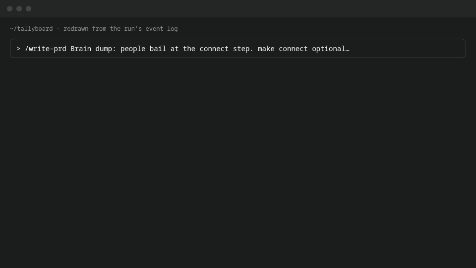 A terminal replay: the write-prd skill reads the research, the evidence and the interviews, writes prd/connect-later.md, then writes the critique