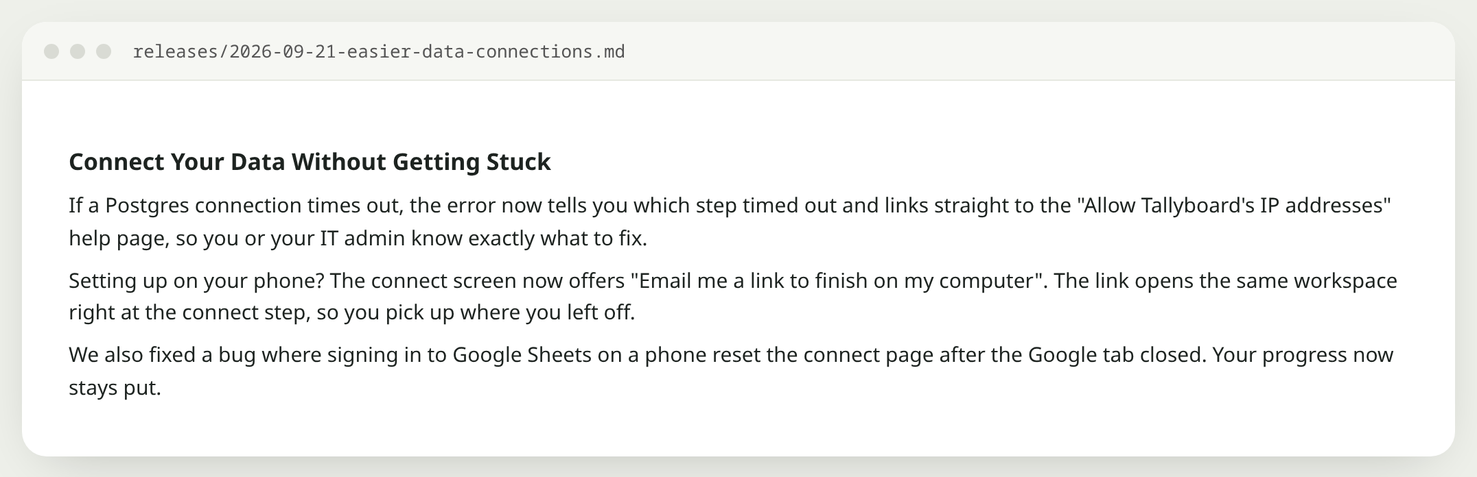 The release note titled Connect Your Data Without Getting Stuck, three short paragraphs