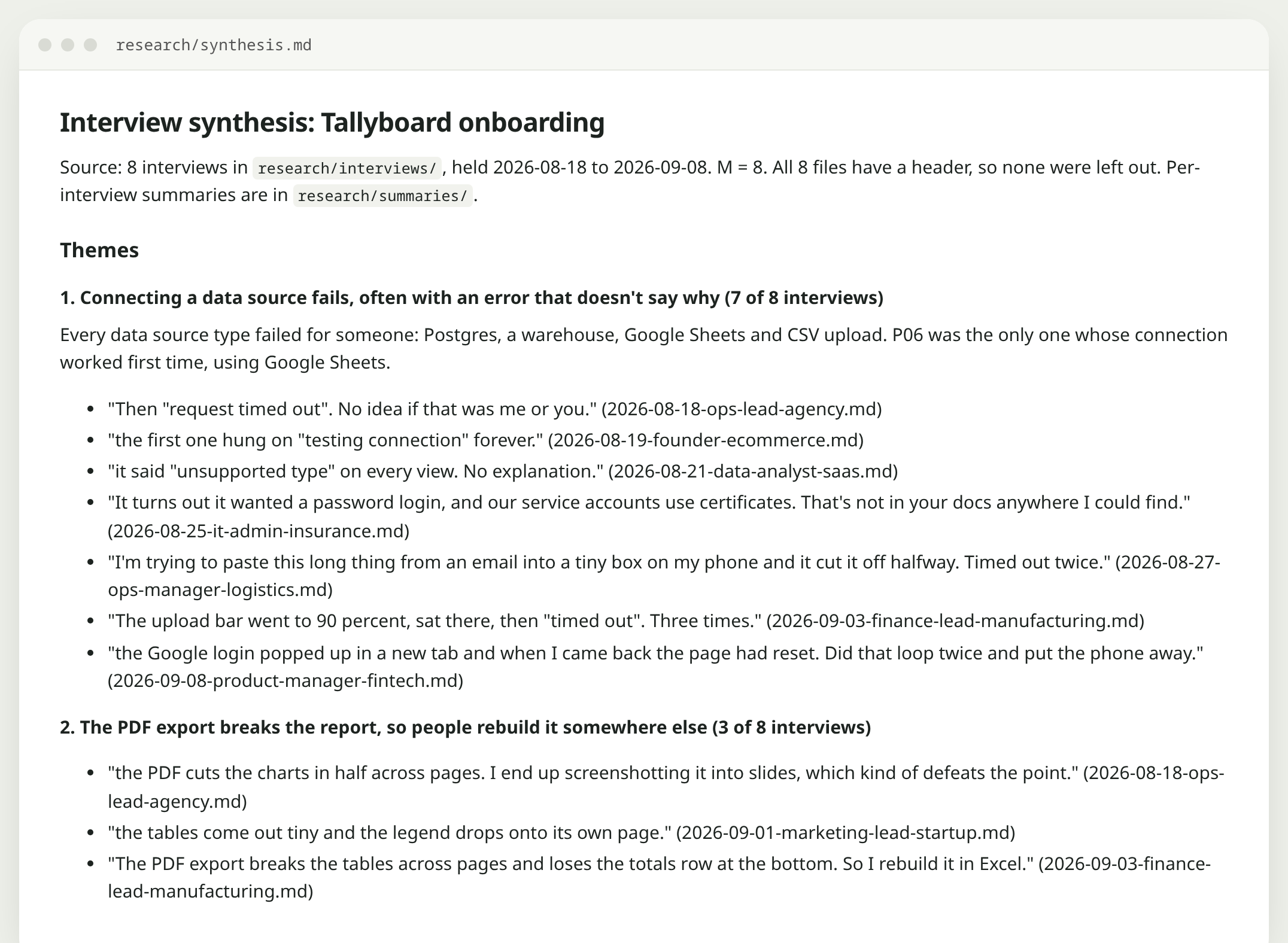 The top of research/synthesis.md: theme 1, connecting a data source fails, 7 of 8 interviews, with seven quotes each followed by its file name
