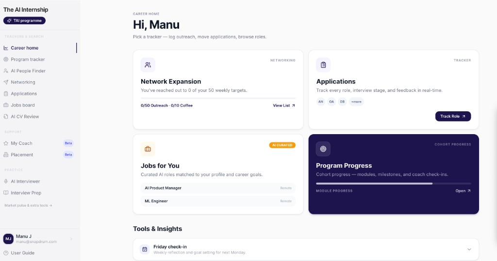 TAI Career Platform dashboard showing job tracker, AI interviewer, and career tools