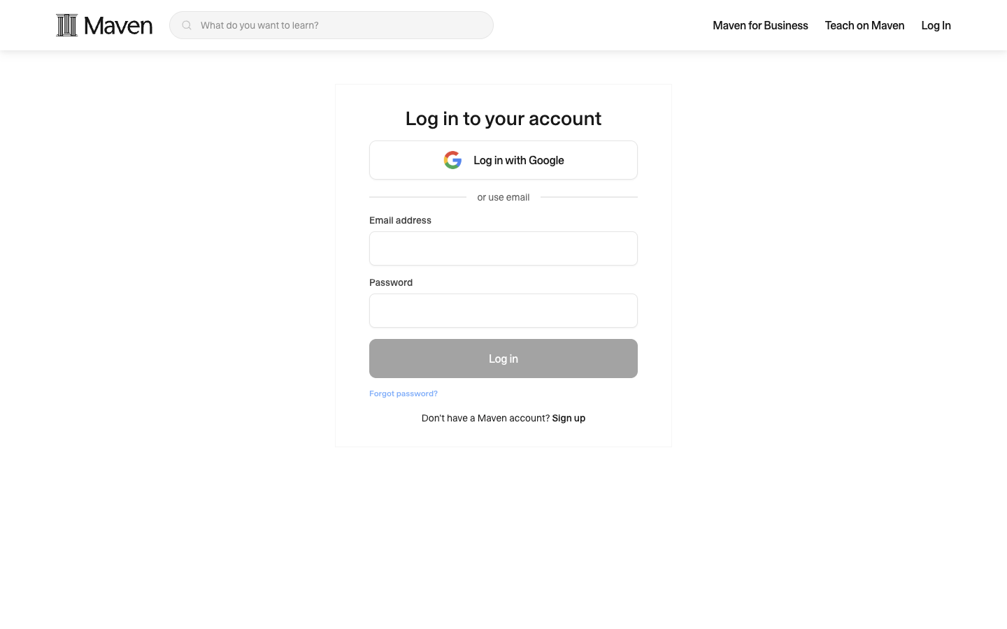 Maven login page with Log in with Google button and email/password fields