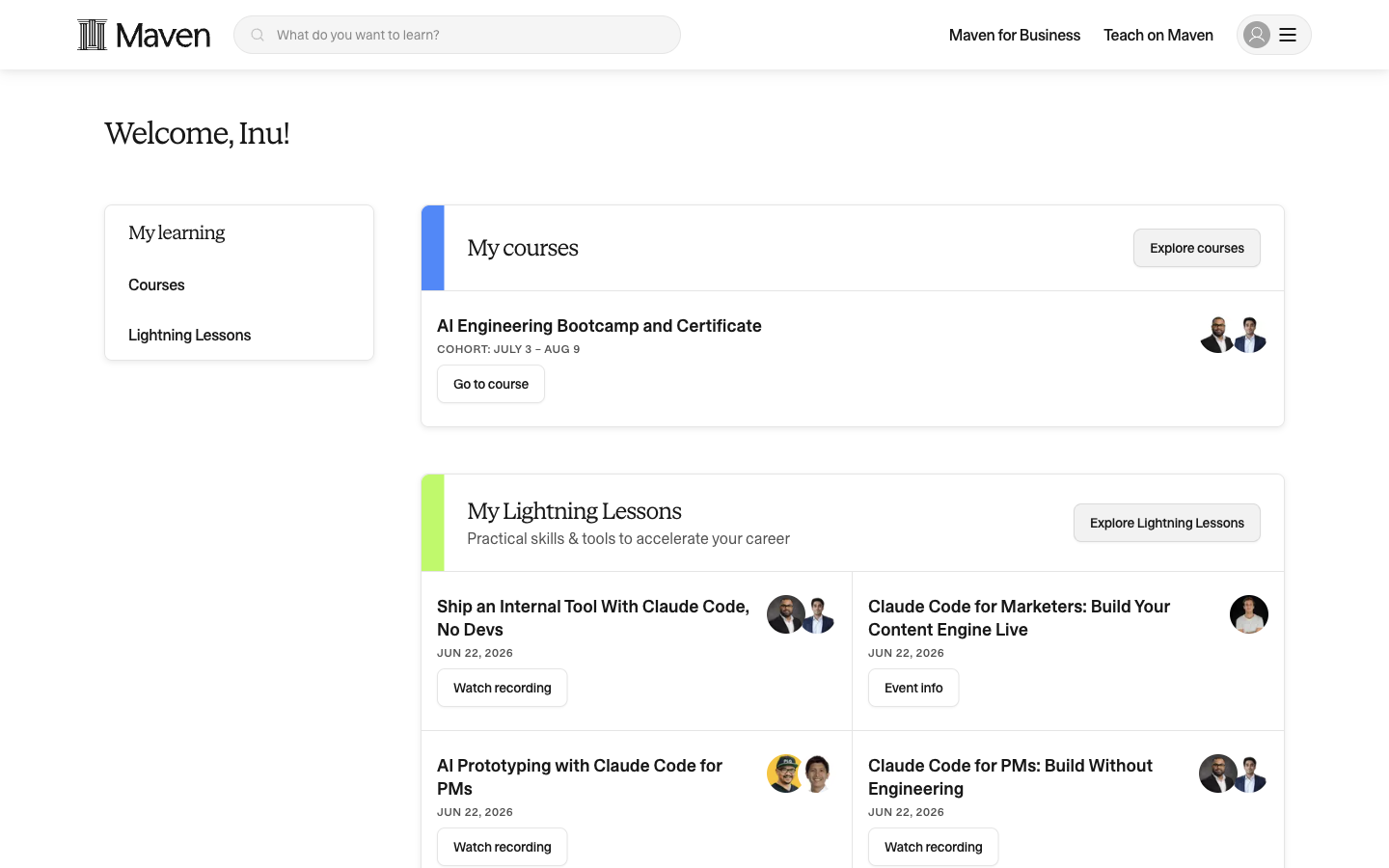 My learning dashboard showing My courses section with a course card and Go to course button
