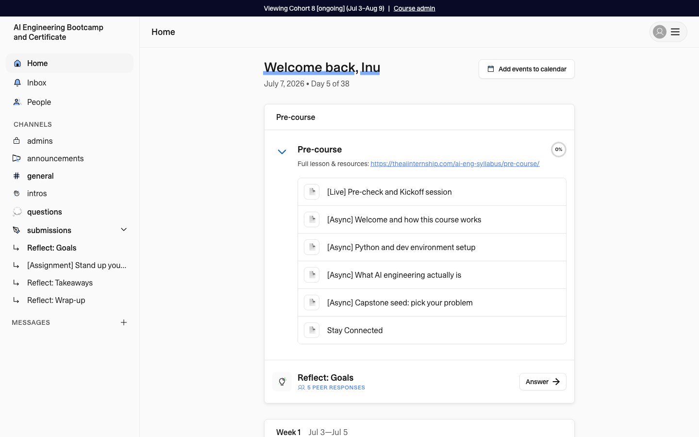 Pre-course section expanded, showing all items