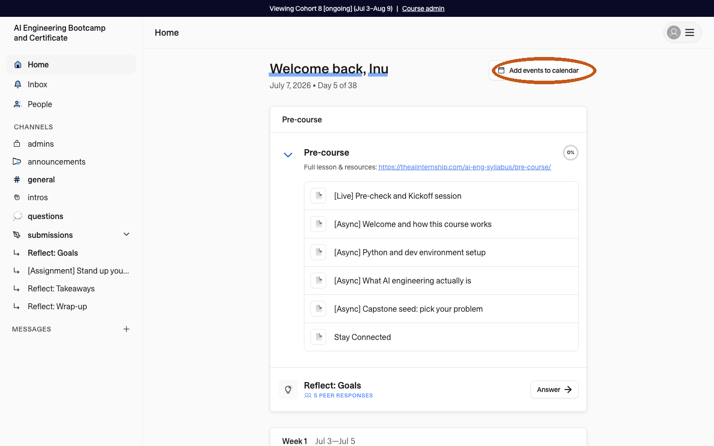 Home tab with the Add events to calendar button circled