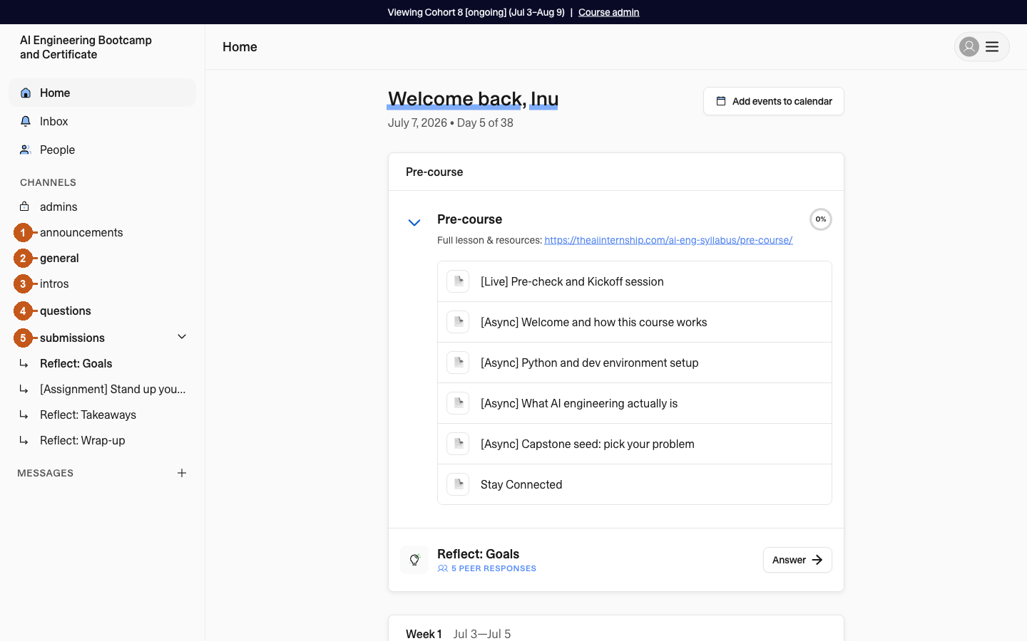 Sidebar Channels list with announcements, general, intros, questions, and submissions numbered 1 through 5