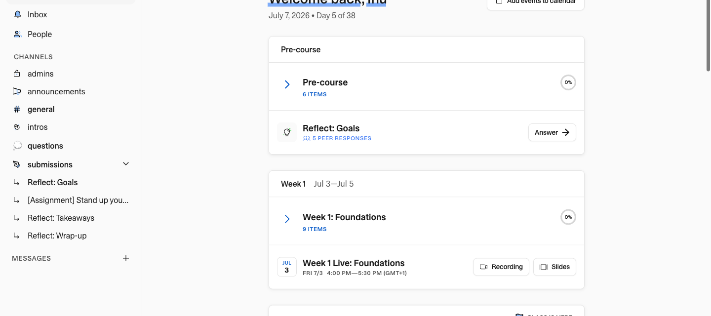 Home feed showing one week collapsed and the next week expanded with a Class is here flag and live lesson items