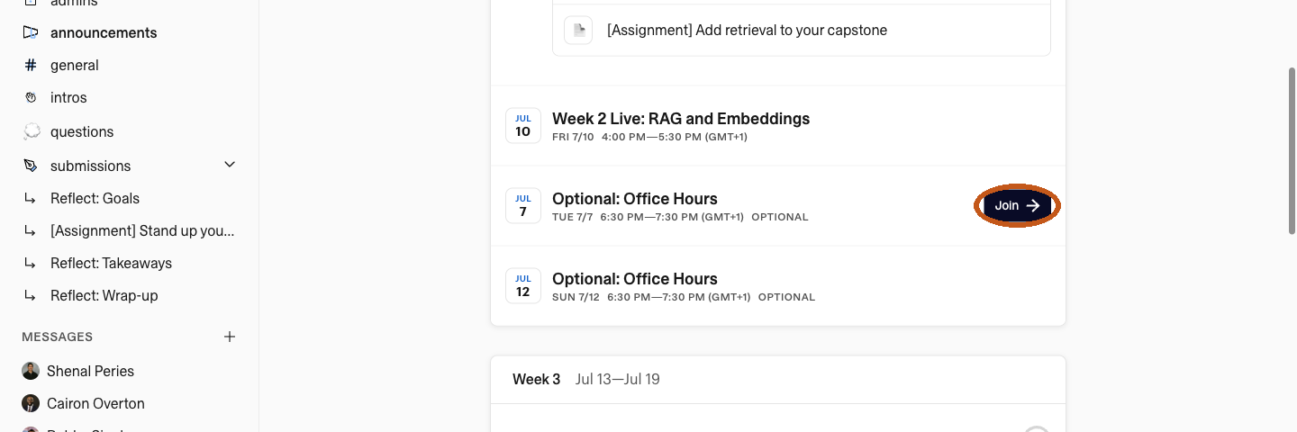 Two Optional: Office Hours entries with a Join button circled