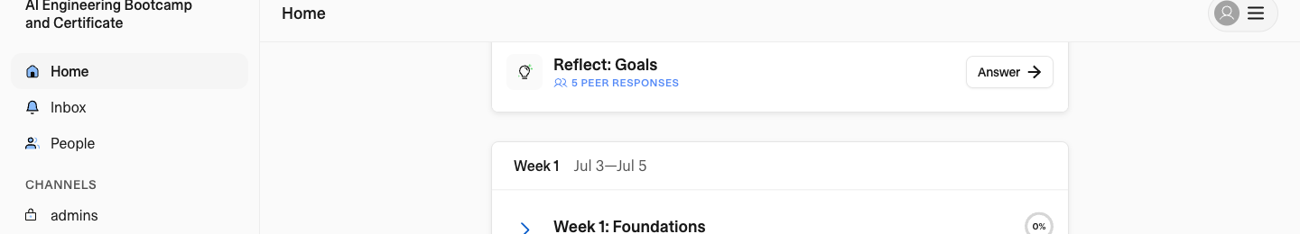 Reflect: Goals card showing peer responses and an Answer button